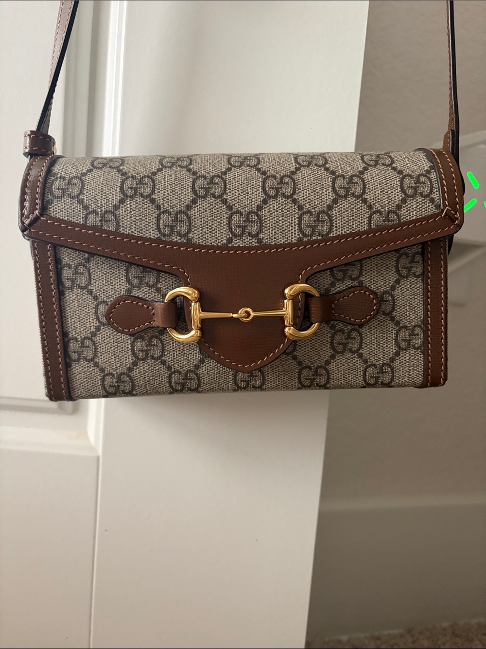 Gucci Brown and Beige GG Supreme Canvas Mini Crossbody with Gold Horsebit